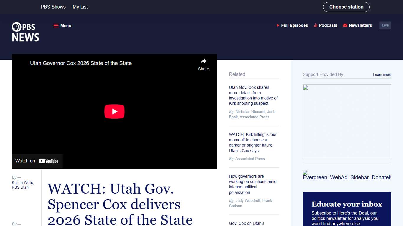 WATCH: Utah Gov. Spencer Cox delivers 2026 State of the State address PBS News