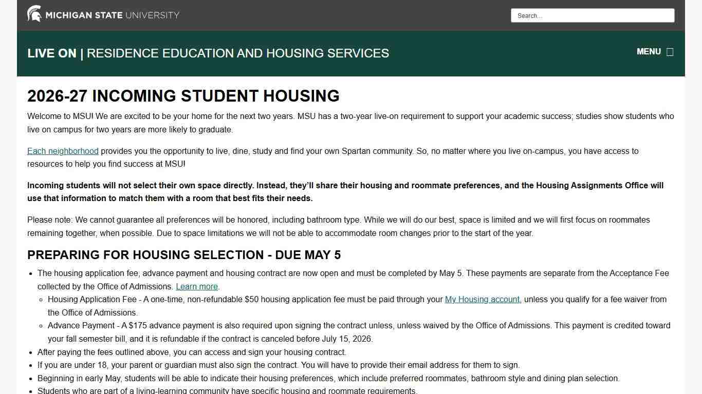 2026-27 Incoming Student Housing Live On - Michigan State University