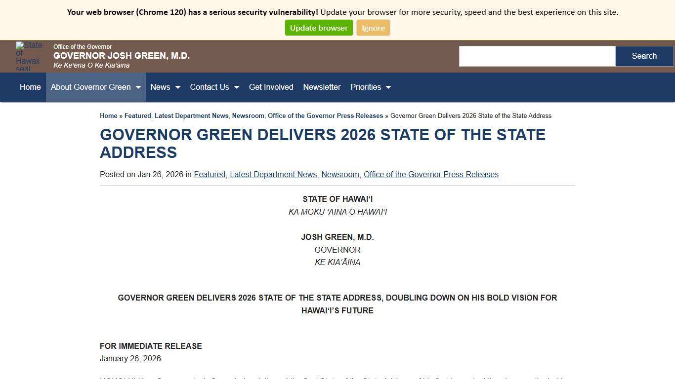 Governor Josh Green, M.D. Governor Green Delivers 2026 State of the State Address